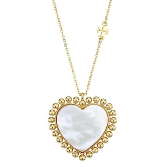 NWT Tory Burch Gold Logo Heart Mother of Pearl Necklace - Picture 1 of 4